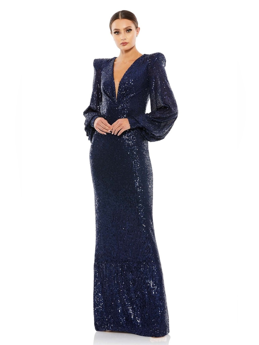 Mac Duggal Navy Sequin Long Sleeve V-Neck Gown